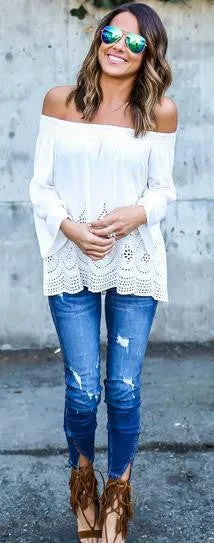 Strapless Hollow Out Long Sleeves Pure Color Blouse