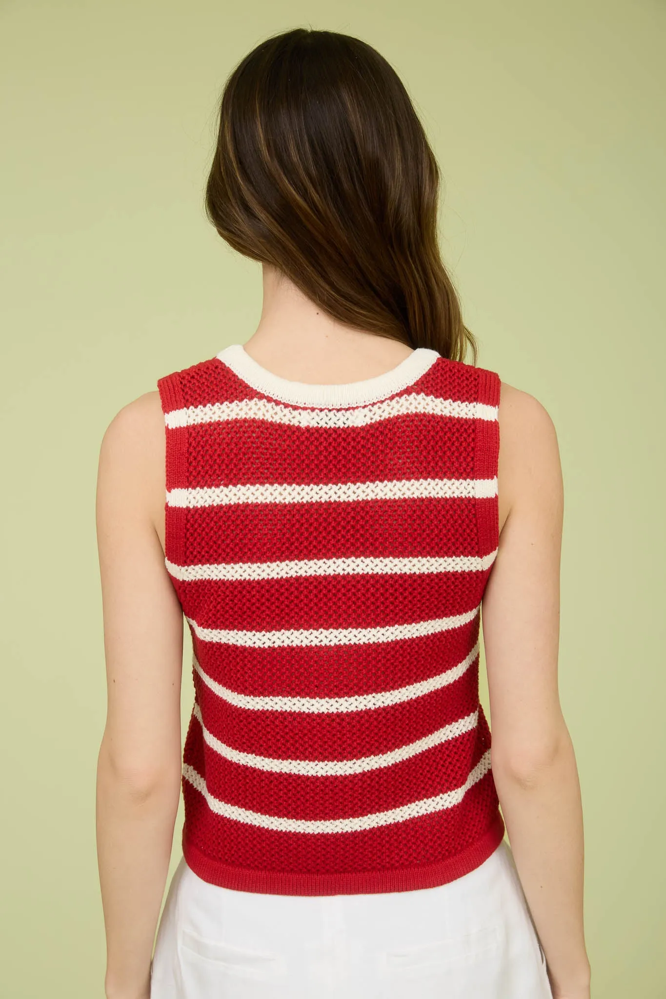 STRIPE V NECK BUTTON FRONT SPLIT HEM KNIT VEST