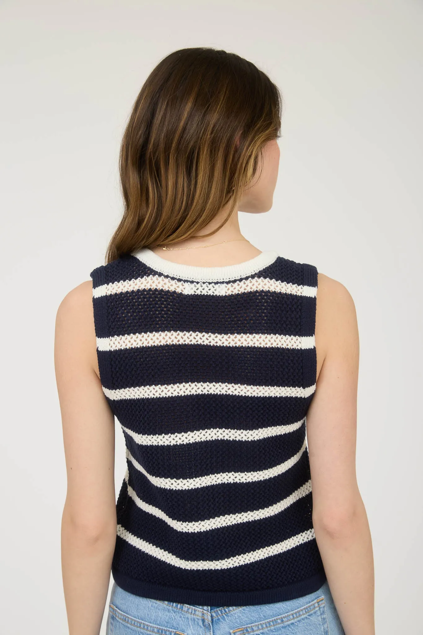 STRIPE V NECK BUTTON FRONT SPLIT HEM KNIT VEST
