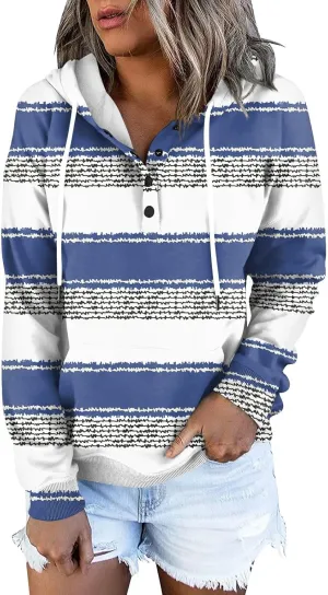 Striped Hooded Sweatshirt for Women Quarter Button Down Drawstring Hoodies Casual Long Sleeve Pullover with Pockets