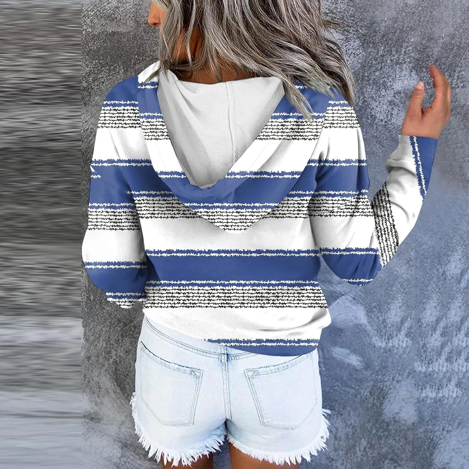 Striped Hooded Sweatshirt for Women Quarter Button Down Drawstring Hoodies Casual Long Sleeve Pullover with Pockets