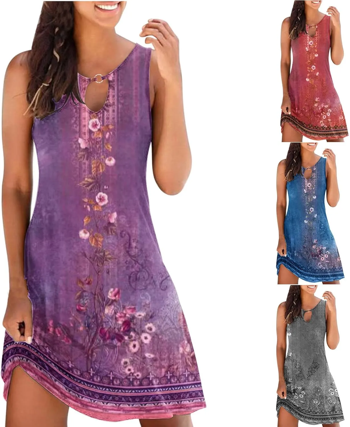 Summer Dresses for Women 2024 Casual Floral Printed Beach Dresses Loose Flow Midi Dress Sleeveless Tank Sun Dress