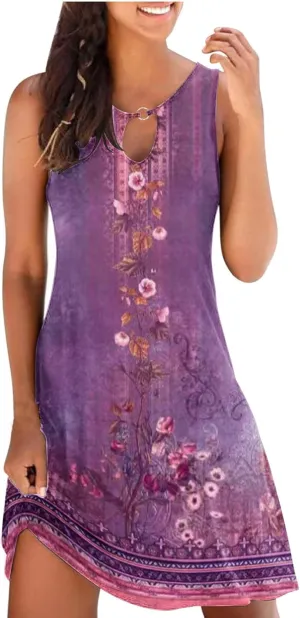 Summer Dresses for Women 2024 Casual Floral Printed Beach Dresses Loose Flow Midi Dress Sleeveless Tank Sun Dress