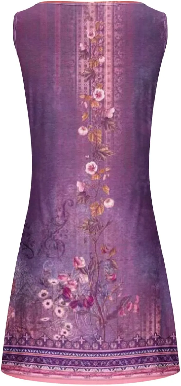 Summer Dresses for Women 2024 Casual Floral Printed Beach Dresses Loose Flow Midi Dress Sleeveless Tank Sun Dress