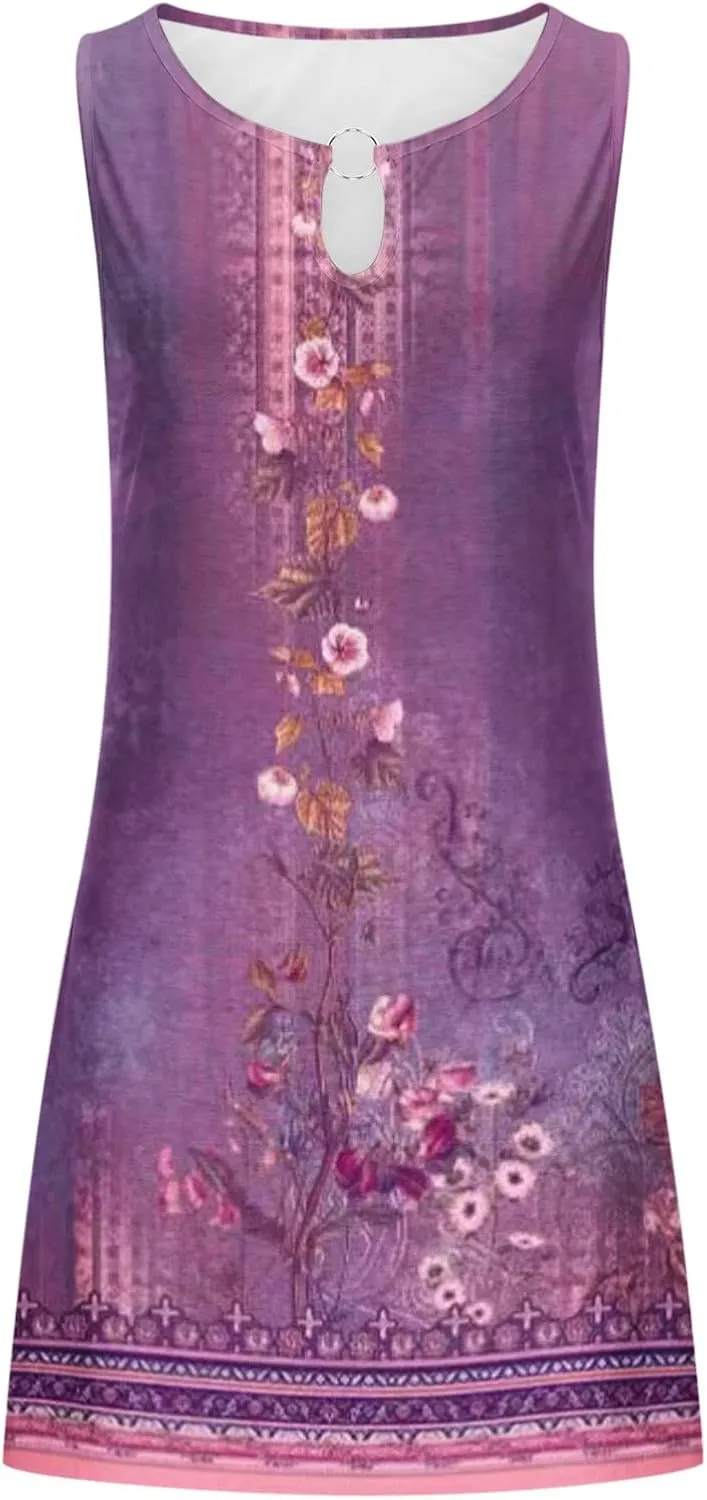 Summer Dresses for Women 2024 Casual Floral Printed Beach Dresses Loose Flow Midi Dress Sleeveless Tank Sun Dress