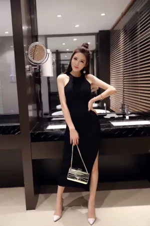 Summer Korean Round-Neck Sleeveless Halter Slim Look Hip Flattering Knitted Stretchable Splitted Mid-Length Dress Formal Dress