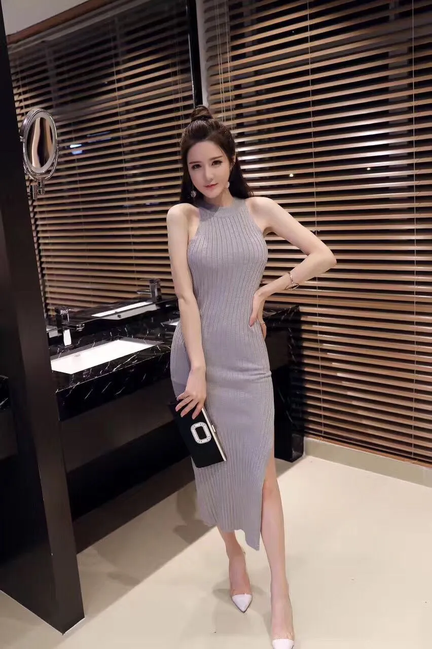Summer Korean Round-Neck Sleeveless Halter Slim Look Hip Flattering Knitted Stretchable Splitted Mid-Length Dress Formal Dress