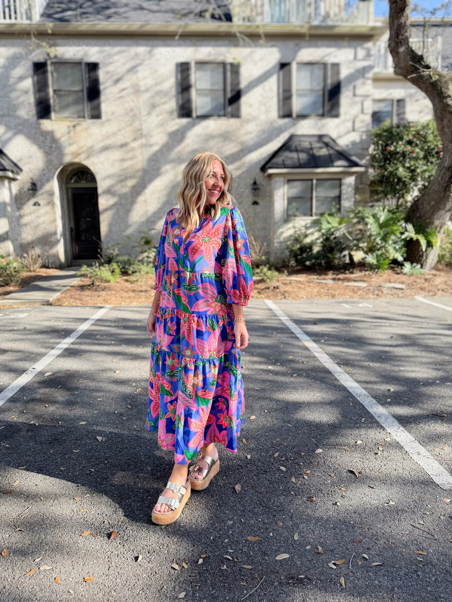 Sunshine and Florals Multi Color Quarter Sleeve Maxi Dress