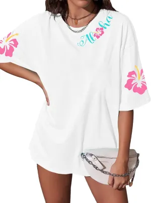 SUPEYA Hawaiian Shirt Women Oversized Hawaii T Shirts Vintage Hibiscus Graphic Tropical Tops Summer Beach Vacation Shirts
