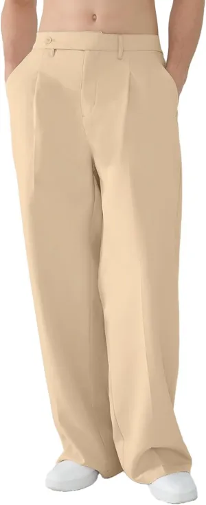 Susclude Mens Casual Dress Pants Pleated Wide Leg Baggy Pants Slacks Relaxed Fit Lightweight Work Trousers for Men