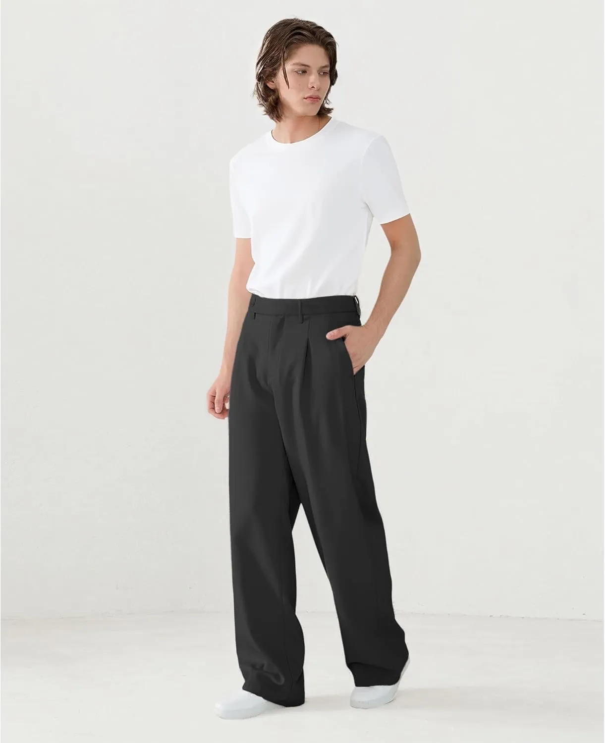 Susclude Mens Casual Dress Pants Pleated Wide Leg Baggy Pants Slacks Relaxed Fit Lightweight Work Trousers for Men