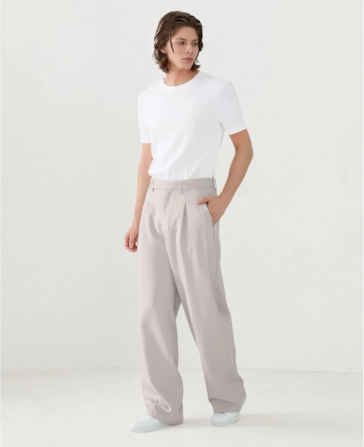 Susclude Mens Casual Dress Pants Pleated Wide Leg Baggy Pants Slacks Relaxed Fit Lightweight Work Trousers for Men