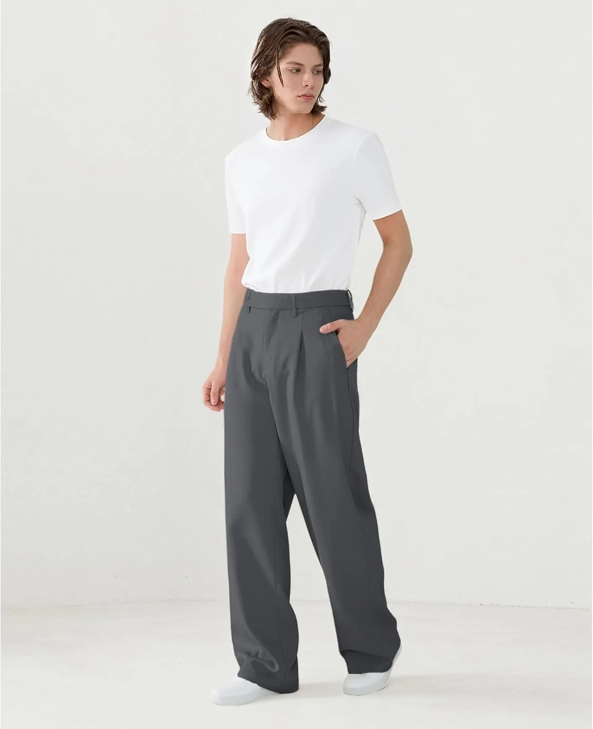 Susclude Mens Casual Dress Pants Pleated Wide Leg Baggy Pants Slacks Relaxed Fit Lightweight Work Trousers for Men