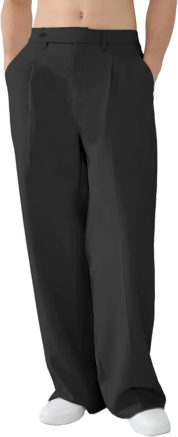 Susclude Mens Casual Dress Pants Pleated Wide Leg Baggy Pants Slacks Relaxed Fit Lightweight Work Trousers for Men