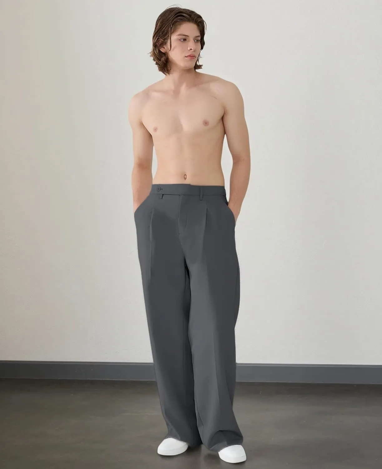 Susclude Mens Casual Dress Pants Pleated Wide Leg Baggy Pants Slacks Relaxed Fit Lightweight Work Trousers for Men