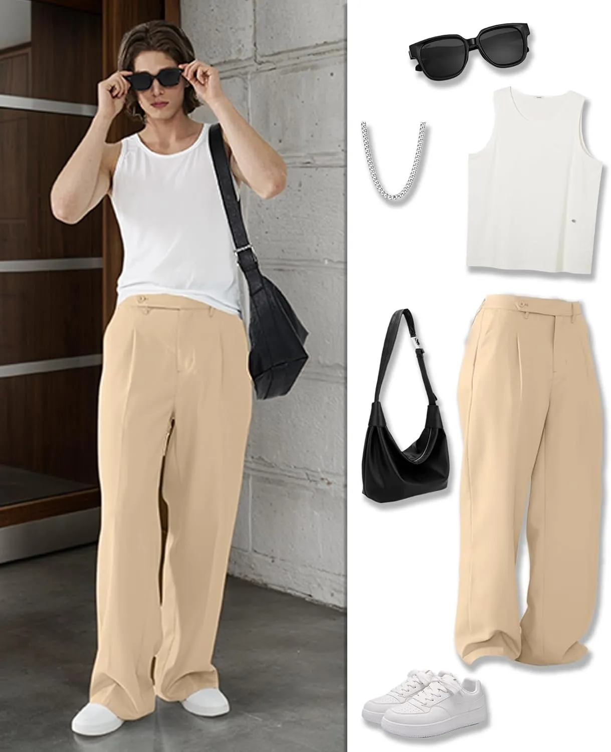 Susclude Mens Casual Dress Pants Pleated Wide Leg Baggy Pants Slacks Relaxed Fit Lightweight Work Trousers for Men