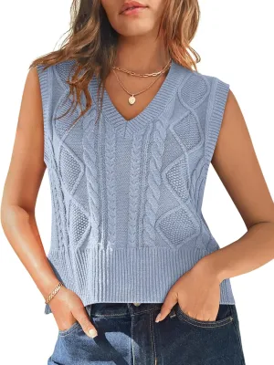 Sweater Vest for Women V Neck Sleeveless Knit Solid Casual Ribbed Preppy Pullover Tops