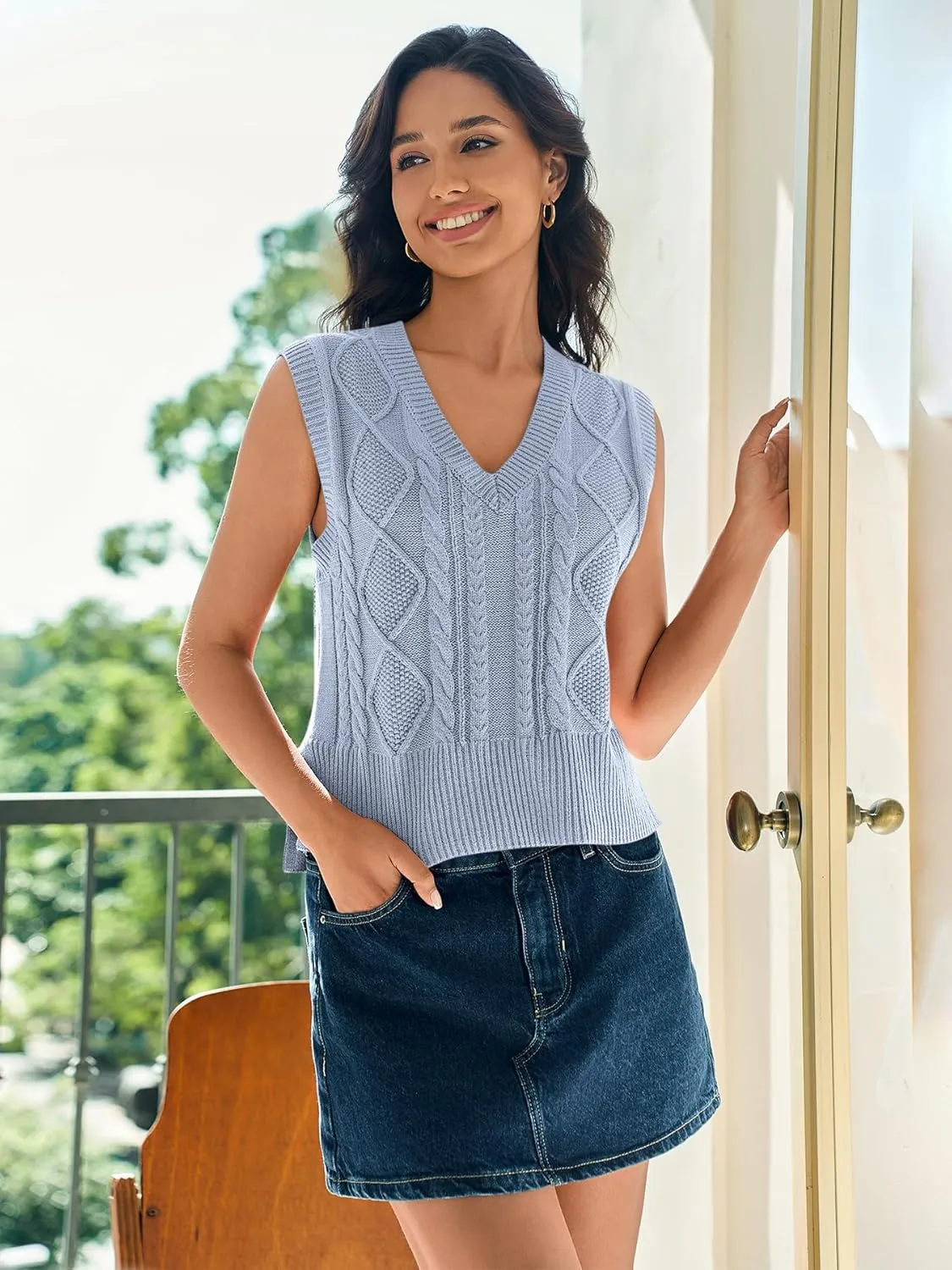 Sweater Vest for Women V Neck Sleeveless Knit Solid Casual Ribbed Preppy Pullover Tops
