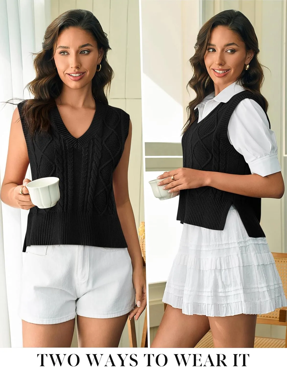 Sweater Vest for Women V Neck Sleeveless Knit Solid Casual Ribbed Preppy Pullover Tops