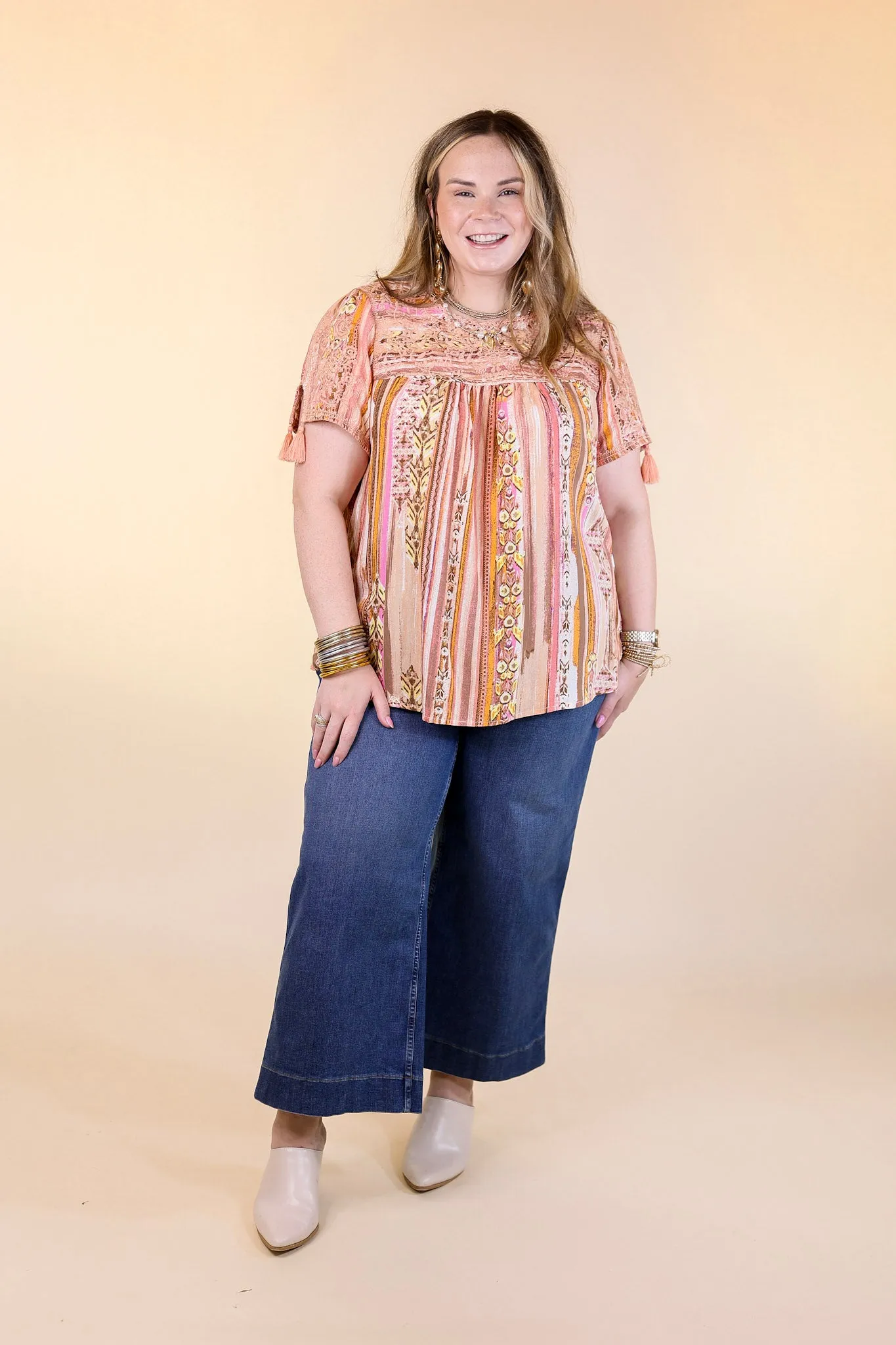 Sweet And Charming Striped Top with Floral Print Embroidery in Dusty Pink Mix