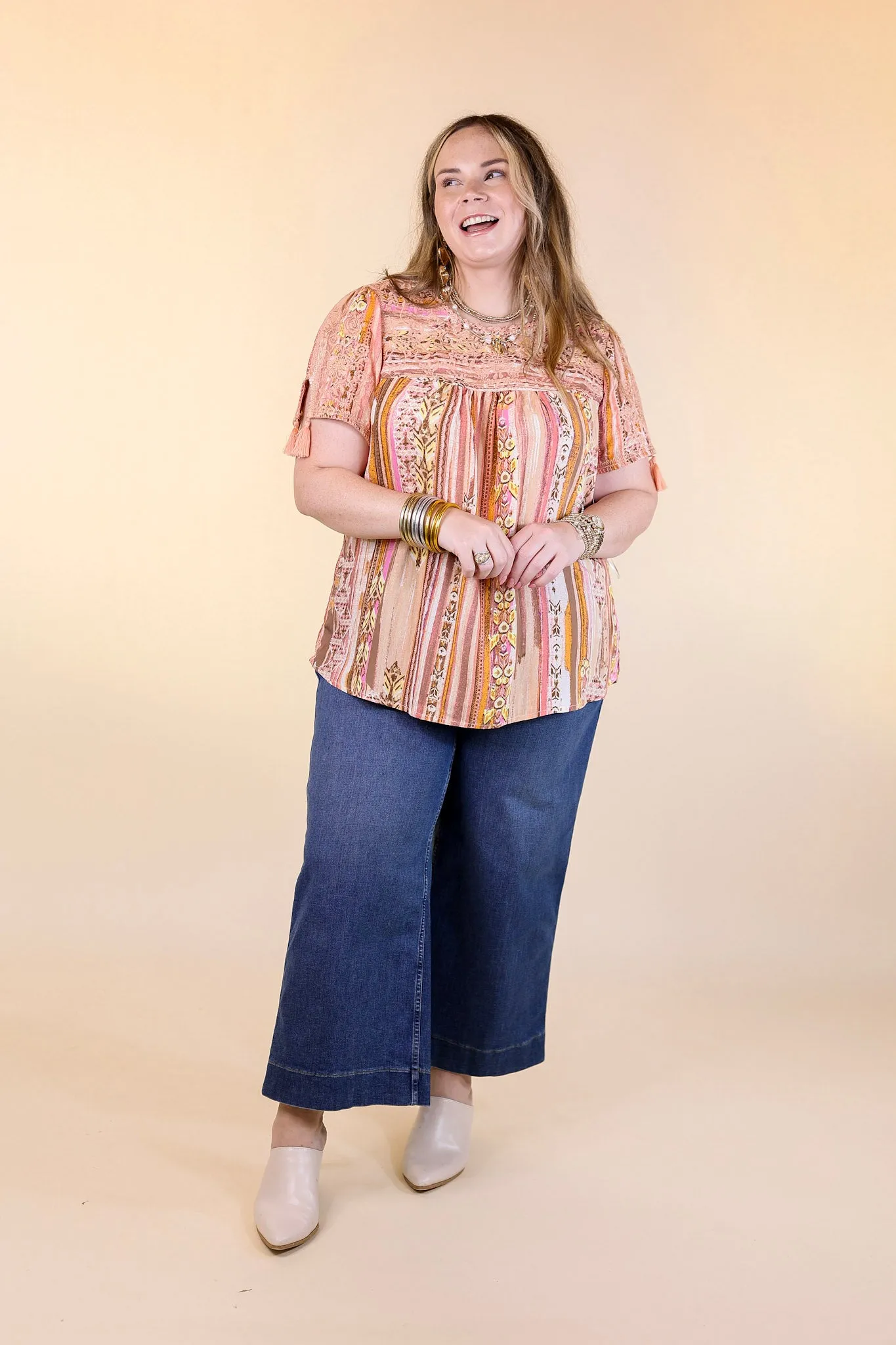 Sweet And Charming Striped Top with Floral Print Embroidery in Dusty Pink Mix