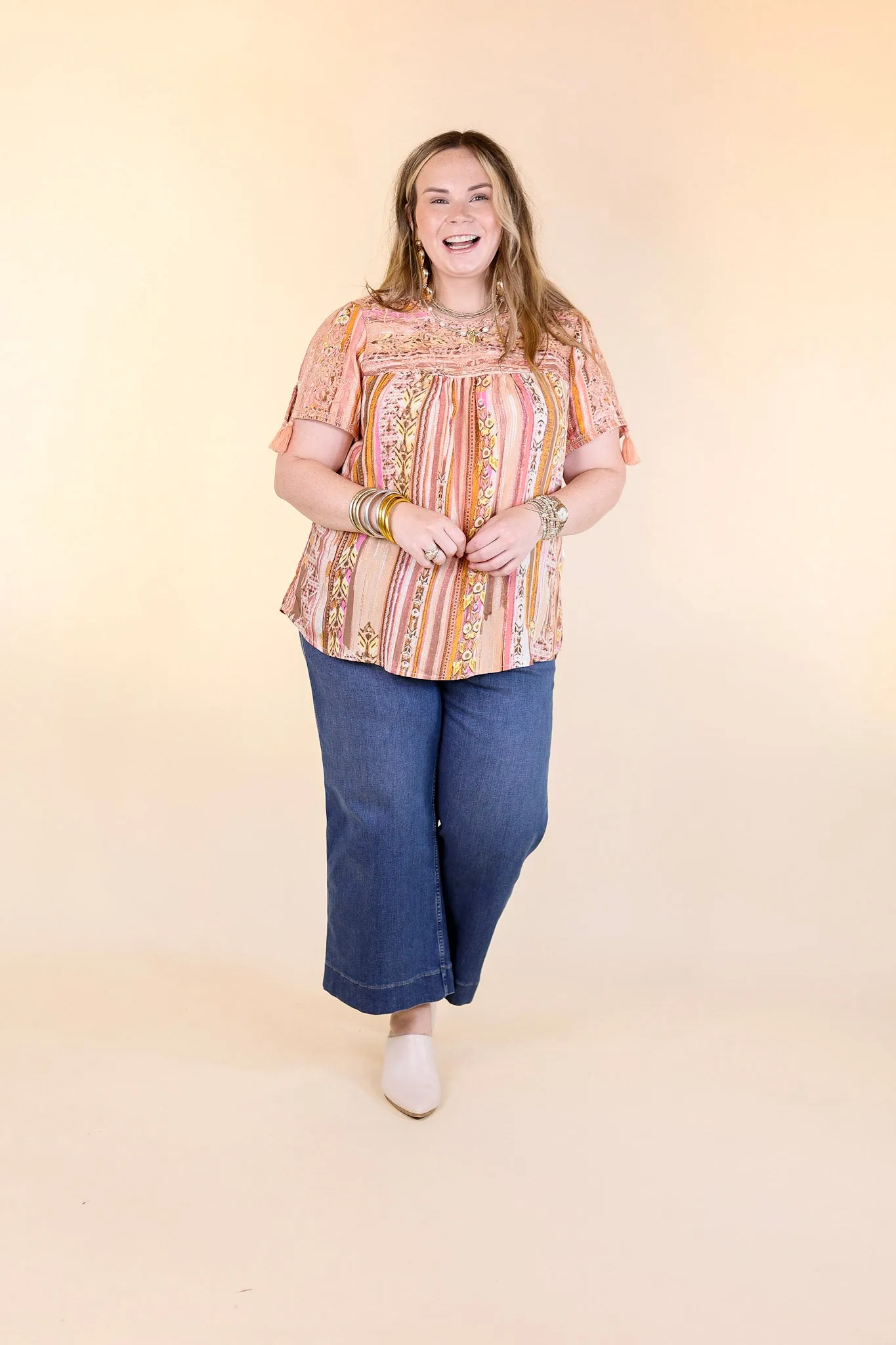 Sweet And Charming Striped Top with Floral Print Embroidery in Dusty Pink Mix