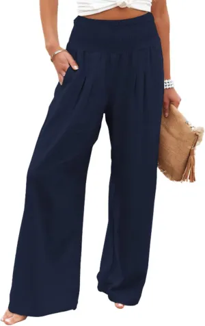 sysinside Womens Cotton Linen Pants Wide Leg High Waist Long Palazzo Trousers with Pocket