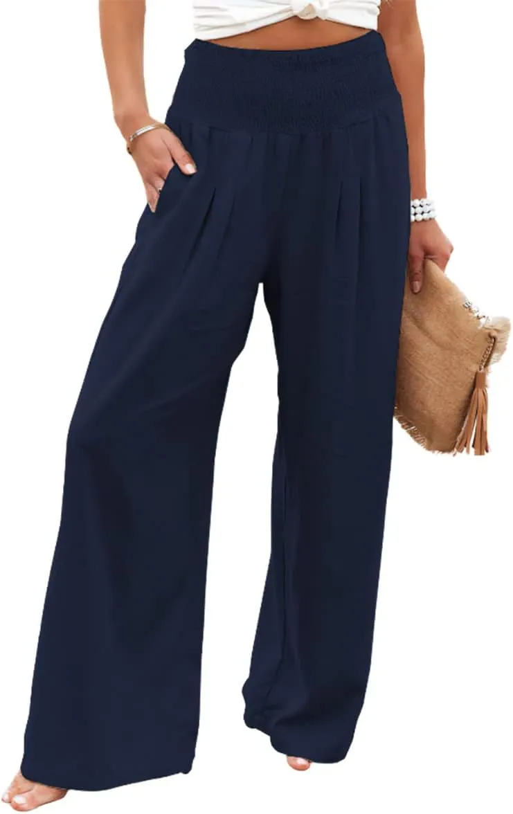 sysinside Womens Cotton Linen Pants Wide Leg High Waist Long Palazzo Trousers with Pocket