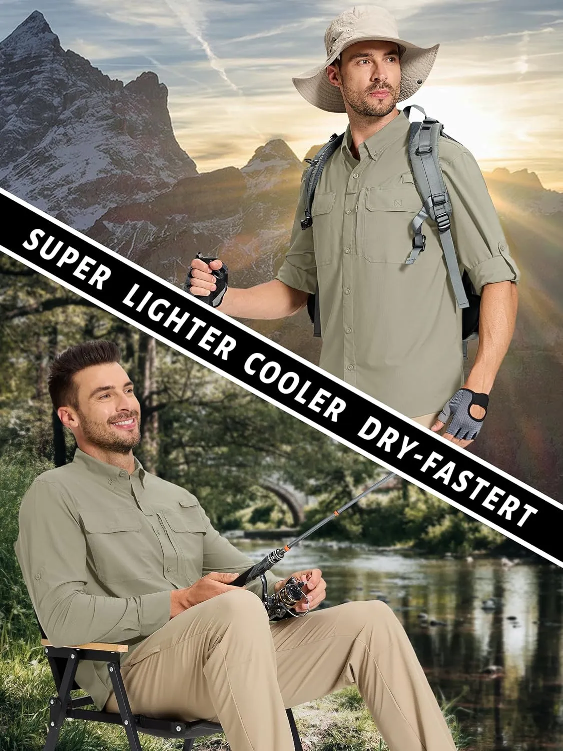 TACVASEN Men's Fishing Shirts Long Sleeve Sun Protection UPF50  Quick Dry Button Down Shirts with Zipper Pockets