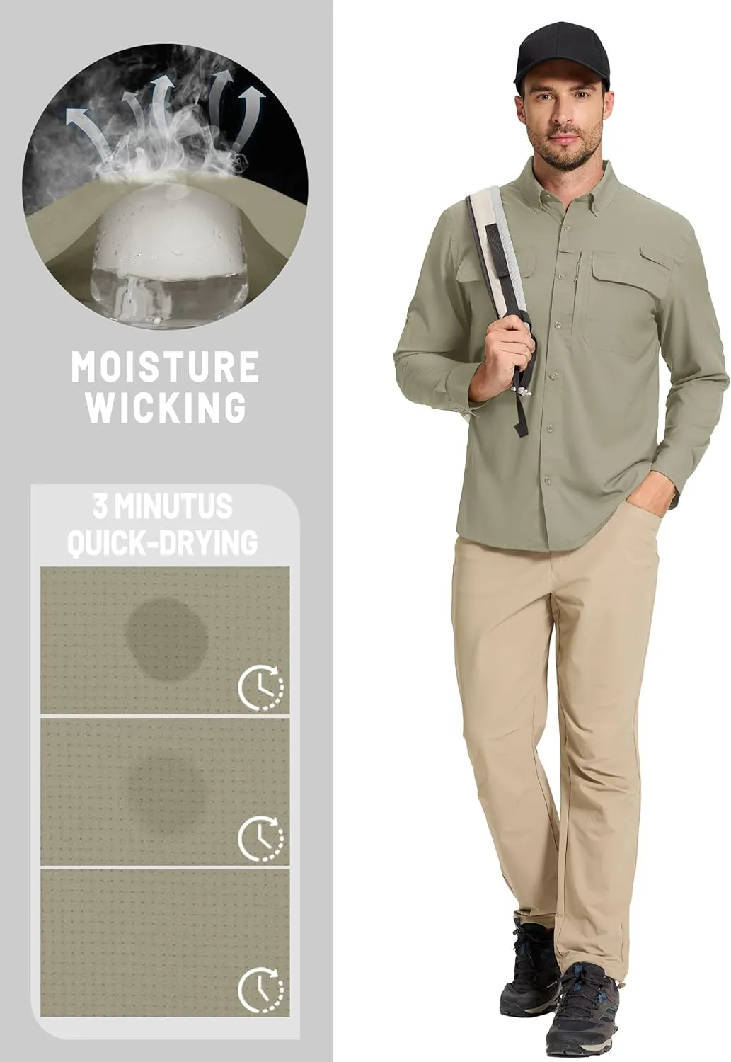 TACVASEN Men's Fishing Shirts Long Sleeve Sun Protection UPF50  Quick Dry Button Down Shirts with Zipper Pockets