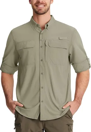 TACVASEN Men's Fishing Shirts Long Sleeve Sun Protection UPF50  Quick Dry Button Down Shirts with Zipper Pockets