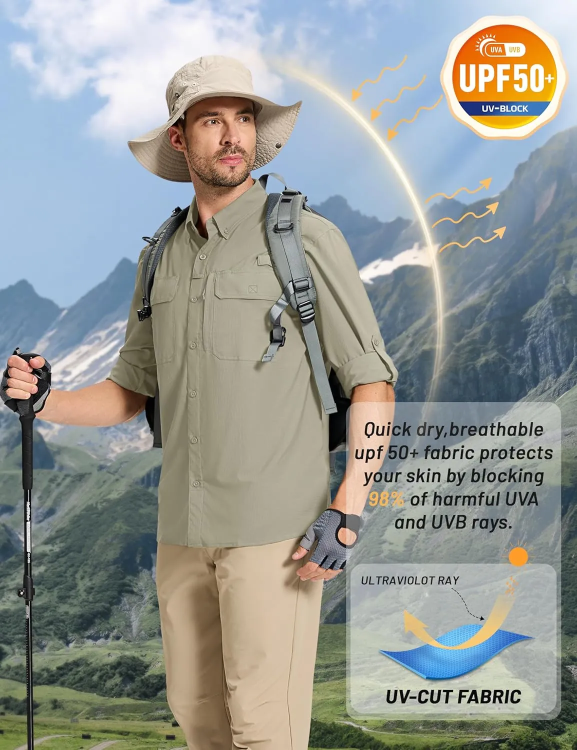 TACVASEN Men's Fishing Shirts Long Sleeve Sun Protection UPF50  Quick Dry Button Down Shirts with Zipper Pockets