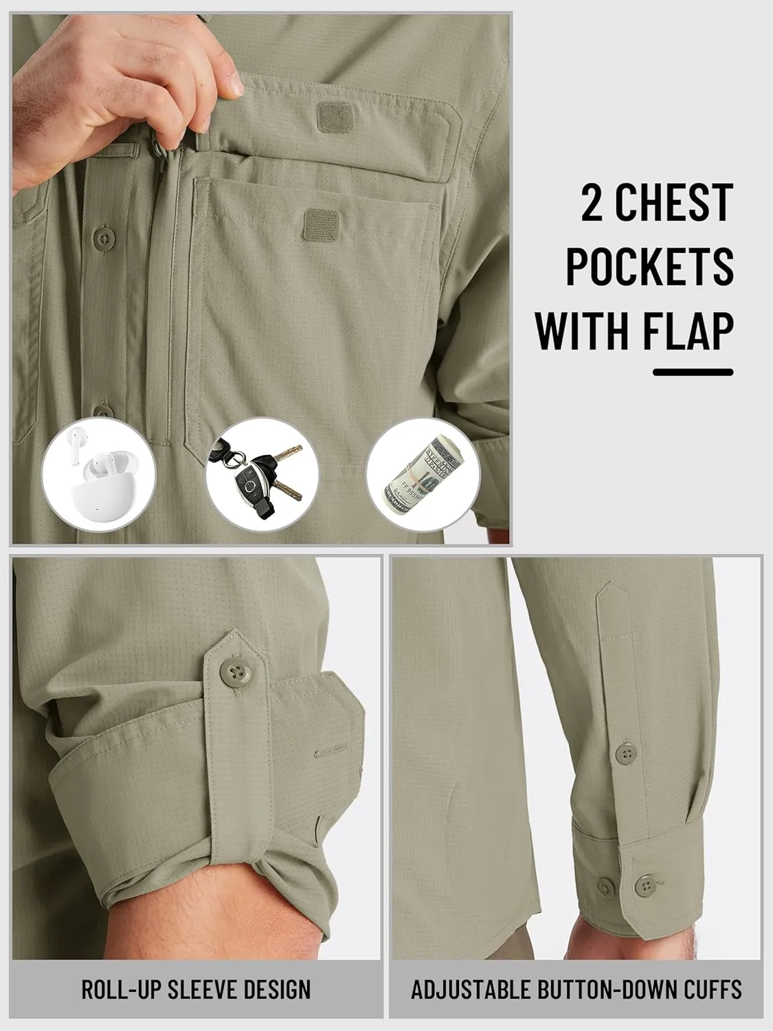 TACVASEN Men's Fishing Shirts Long Sleeve Sun Protection UPF50  Quick Dry Button Down Shirts with Zipper Pockets