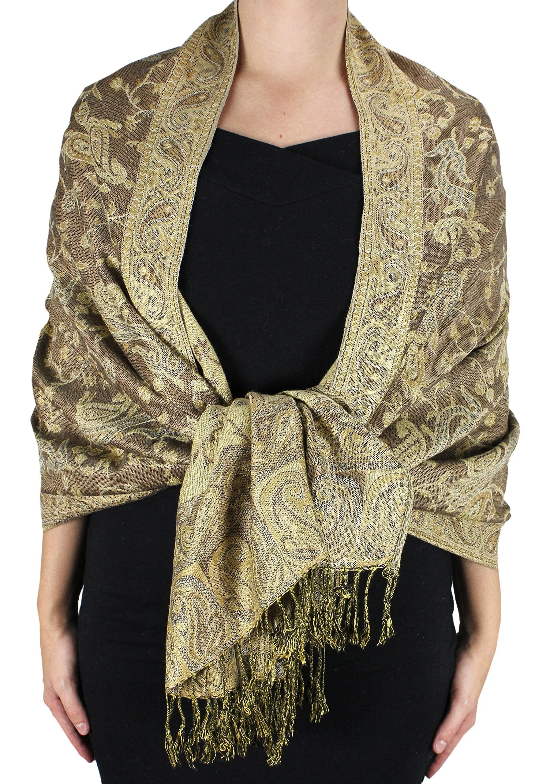 Tan Peach Couture Elegant Double Layer Reversible Paisley Pashmina Shawl Wrap Scarf