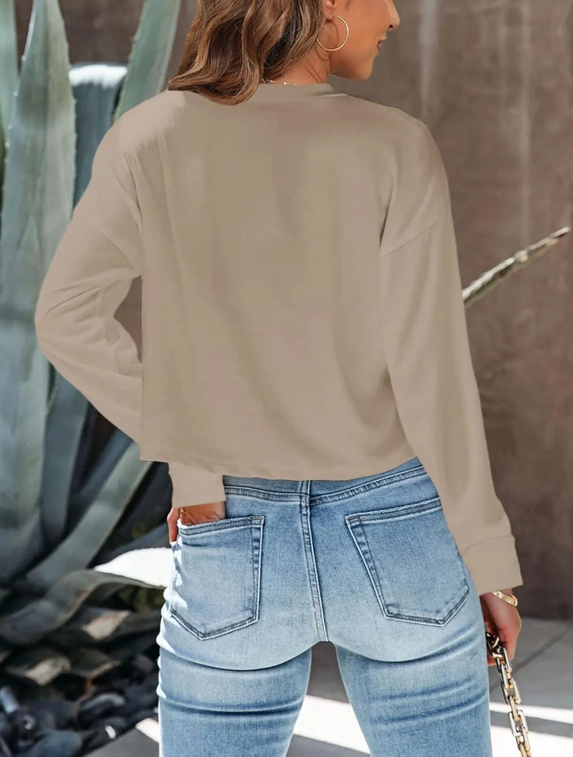 Tankaneo Womens Long Sleeve Crop Tops Loose Fit Cropped Tshirt 2025 Crew Neck Casual Shirts
