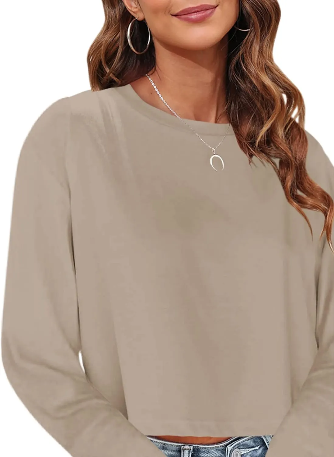 Tankaneo Womens Long Sleeve Crop Tops Loose Fit Cropped Tshirt 2025 Crew Neck Casual Shirts