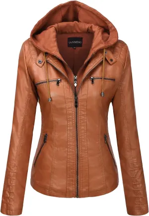 Tanming Women's Removable Hooded Faux Leather Jackets
