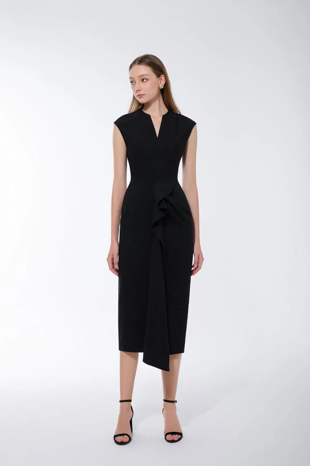 Tazanna Pencil V-Neck Crepe Midi Dress