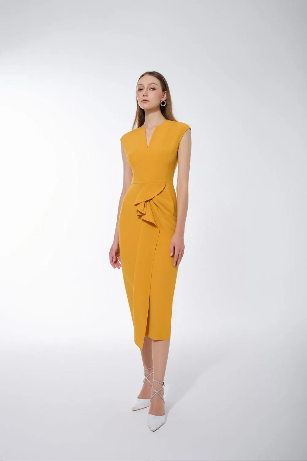 Tazanna Pencil V-Neck Crepe Midi Dress