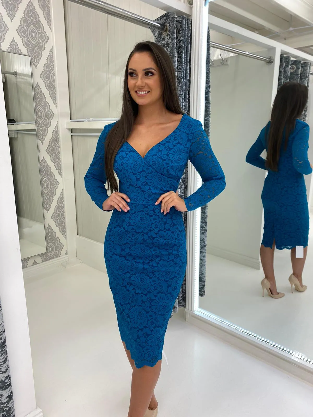 Teal Long Sleeve Lace Pencil Dress