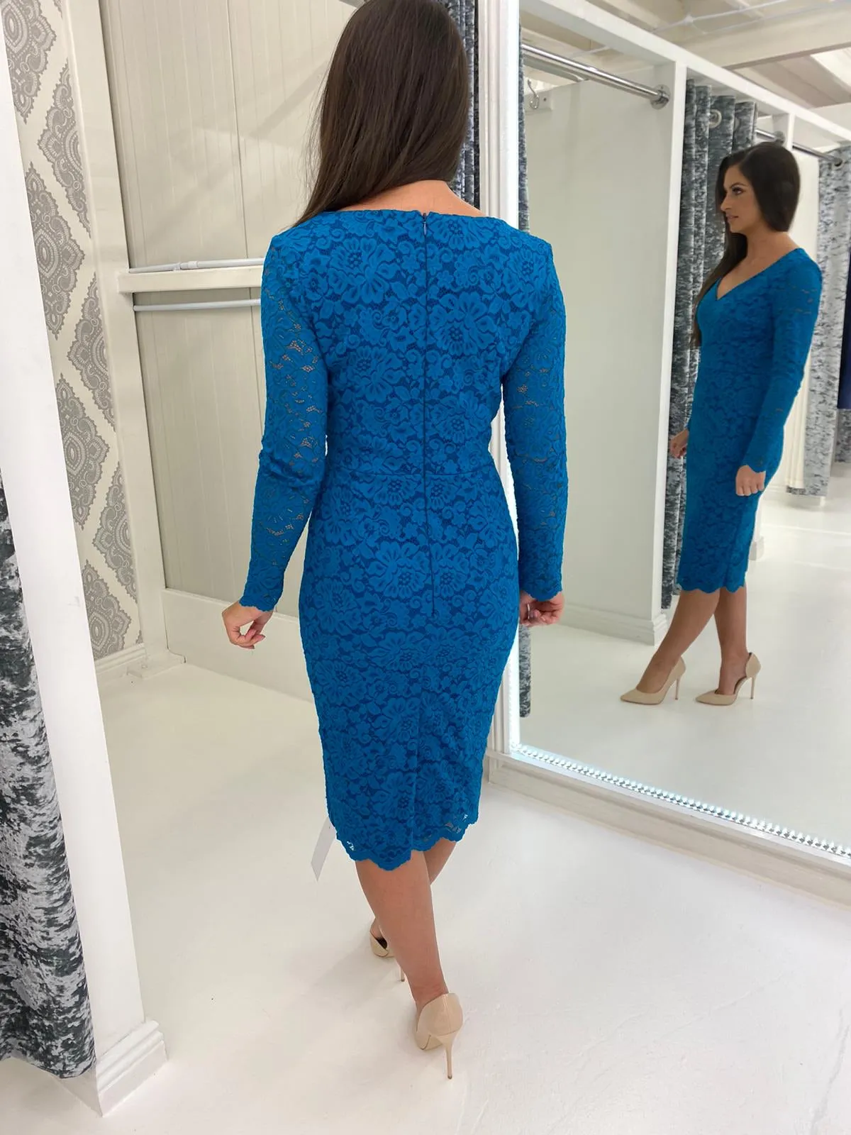 Teal Long Sleeve Lace Pencil Dress