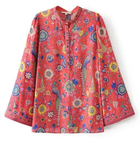 TEELYNN RED Boho blouse 2018 spring birds floral print blouses Vinatge o-Neck flare long Sleeve Bohemia women blouses Hippie TOP