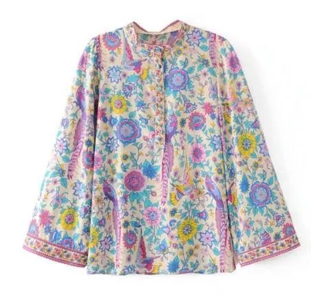 TEELYNN RED Boho blouse 2018 spring birds floral print blouses Vinatge o-Neck flare long Sleeve Bohemia women blouses Hippie TOP