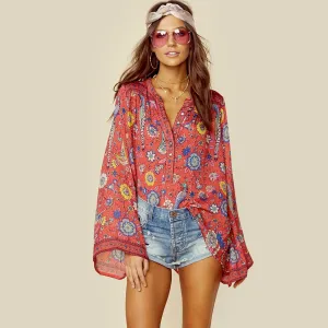 TEELYNN RED Boho blouse 2018 spring birds floral print blouses Vinatge o-Neck flare long Sleeve Bohemia women blouses Hippie TOP