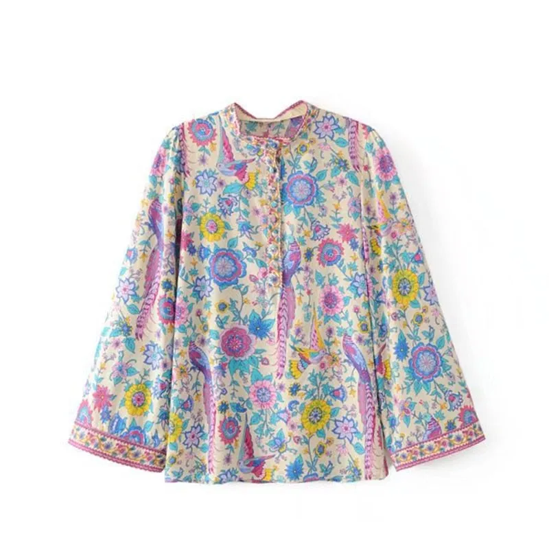 TEELYNN RED Boho blouse 2018 spring birds floral print blouses Vinatge o-Neck flare long Sleeve Bohemia women blouses Hippie TOP