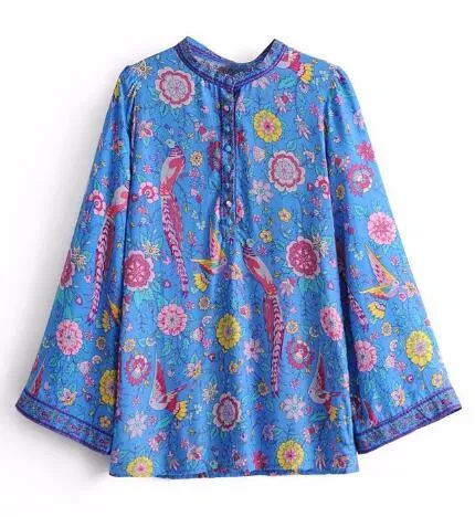 TEELYNN RED Boho blouse 2018 spring birds floral print blouses Vinatge o-Neck flare long Sleeve Bohemia women blouses Hippie TOP