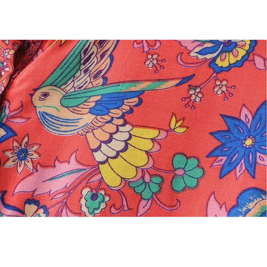 TEELYNN RED Boho blouse 2018 spring birds floral print blouses Vinatge o-Neck flare long Sleeve Bohemia women blouses Hippie TOP