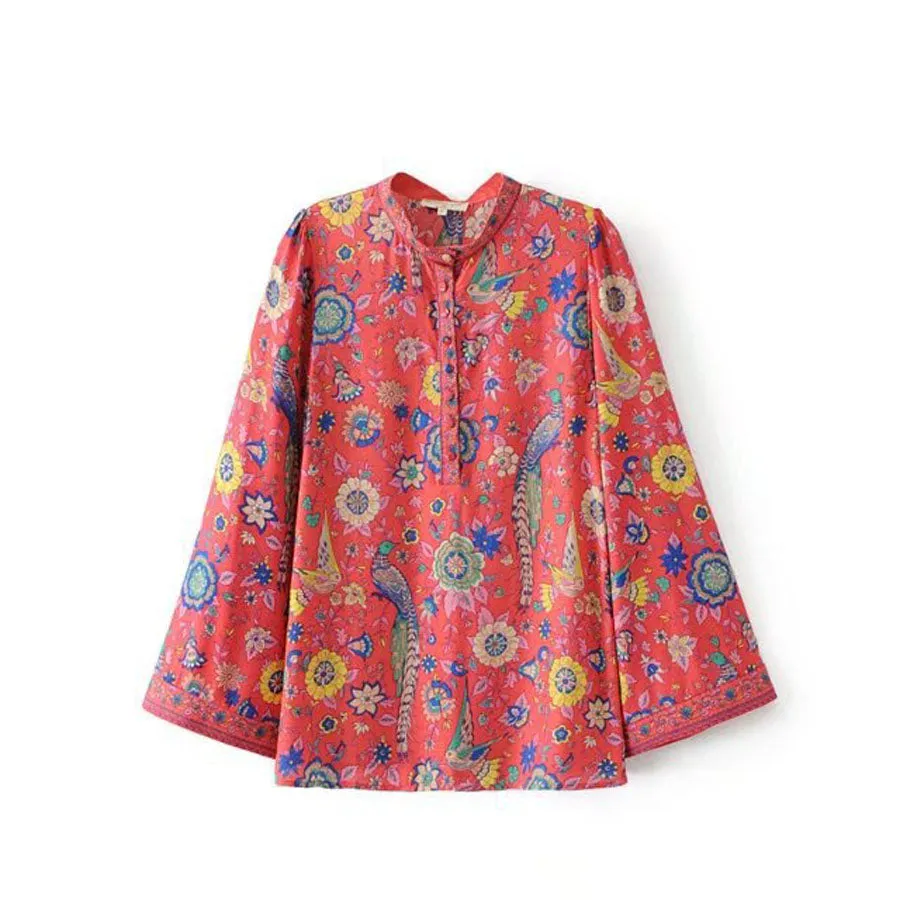 TEELYNN RED Boho blouse 2018 spring birds floral print blouses Vinatge o-Neck flare long Sleeve Bohemia women blouses Hippie TOP