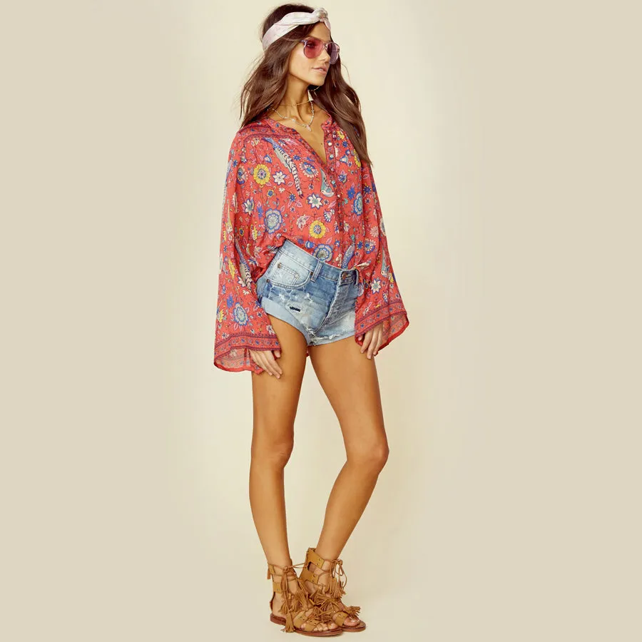 TEELYNN RED Boho blouse 2018 spring birds floral print blouses Vinatge o-Neck flare long Sleeve Bohemia women blouses Hippie TOP