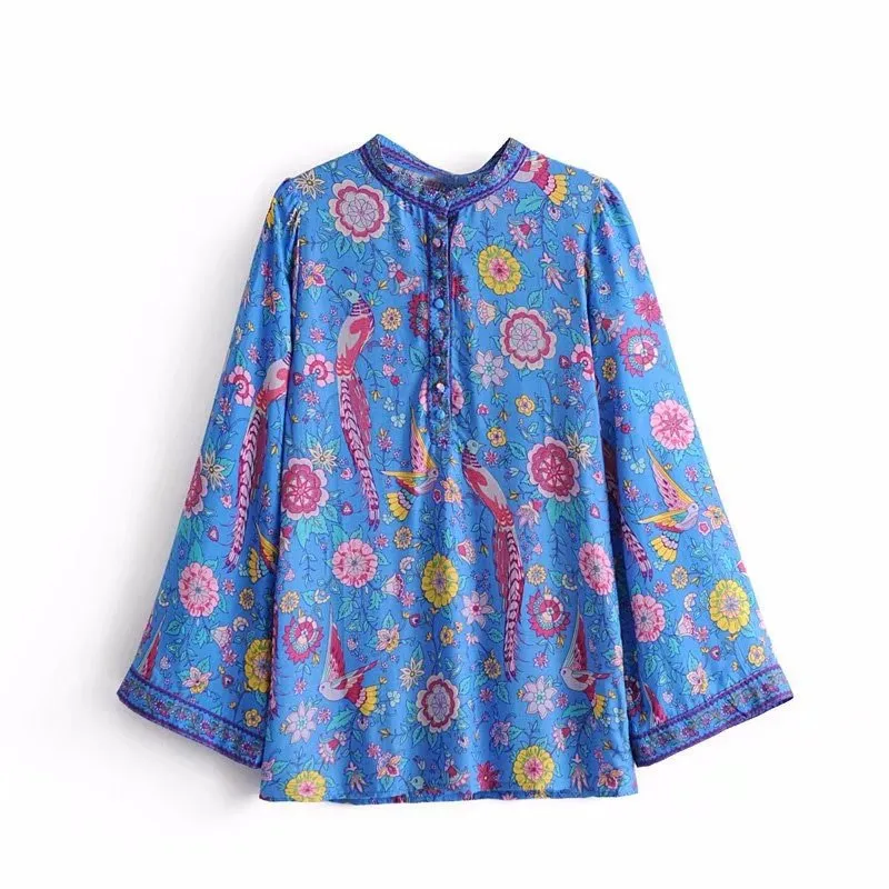 TEELYNN RED Boho blouse 2018 spring birds floral print blouses Vinatge o-Neck flare long Sleeve Bohemia women blouses Hippie TOP